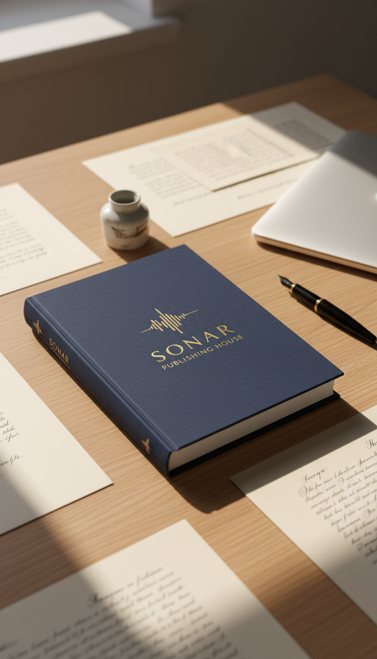 An elegant hardcover book with a deep navy blue cloth binding and a gold-embossed Sonar Publishing House logo graces the center. The book rests on a sleek, light oak wooden desk surrounded by artfully arranged papers, a closed laptop, and a fountain pen. Warm afternoon sunlight from a nearby window spills across the surface, casting refined, gentle highlights over the gold embossing and creating soft shadows along the spine. The overall scene conveys a sense of creative focus and literary sophistication, captured from a slightly elevated, three-quarter view. The mood is professional yet inspiring, with a clean, modern, and minimalist artistic style that reflects the publishing company’s innovative spirit and commitment to high-quality content.