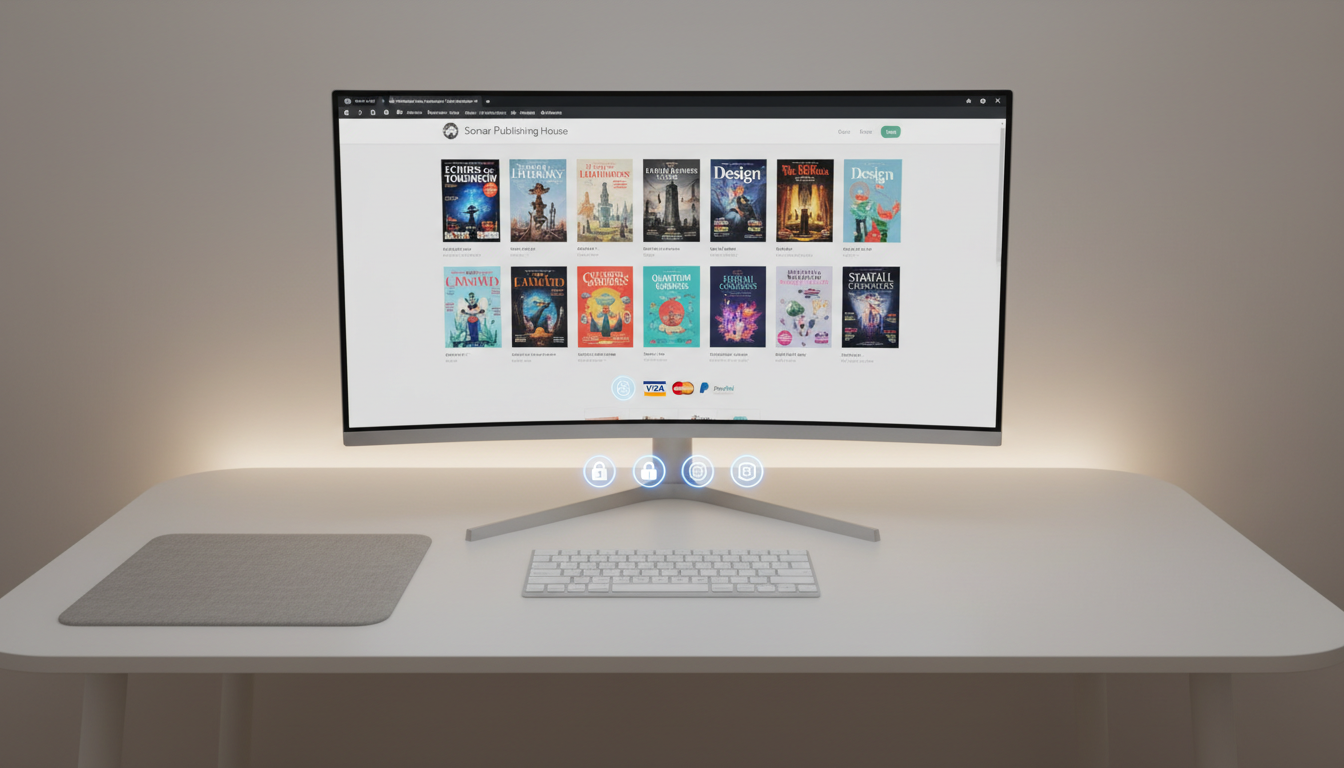 An open web browser on a high-resolution silver monitor displays a vibrant online store page for Sonar Publishing House, featuring an array of visually engaging magazine covers and book titles with secure payment icons visible. The monitor sits atop a minimalist, white desk with a soft, textured linen mouse pad and sleek wireless keyboard. Ambient, indirect LED lighting gently illuminates the scene, lending an inviting, technology-forward atmosphere. The camera captures the scene from a clean, eye-level frontal angle, emphasizing accessibility and user navigation. The artistic style is crisp and contemporary, expressing a seamless blend of digital convenience and creative publishing excellence.